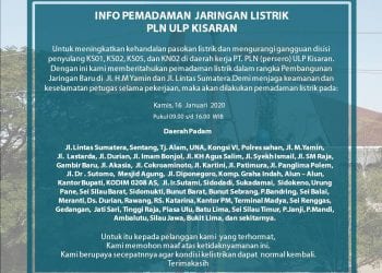 Daftar wilayah di Asahan yang terkena pemadaman Listrik, Kamis (16/1/2020)