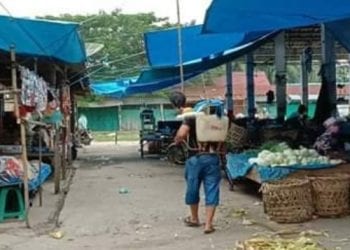 Petugas saat menyemprotkan desinfektan di pasar Negeri Lama Labuhanbatu.