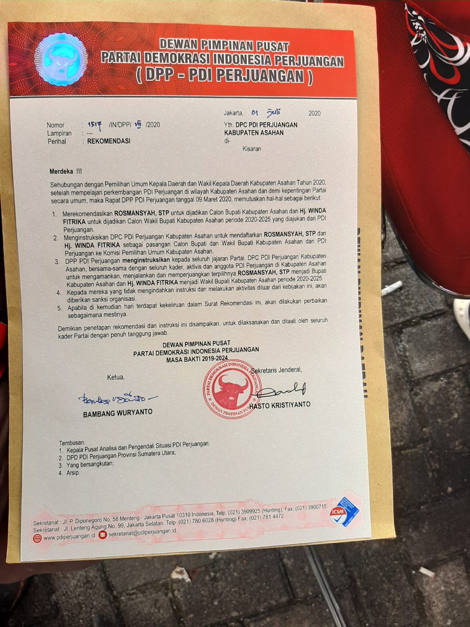 Surat dukungan dari PDIP untuk Roswin maju di Pilkada Asahan 2020