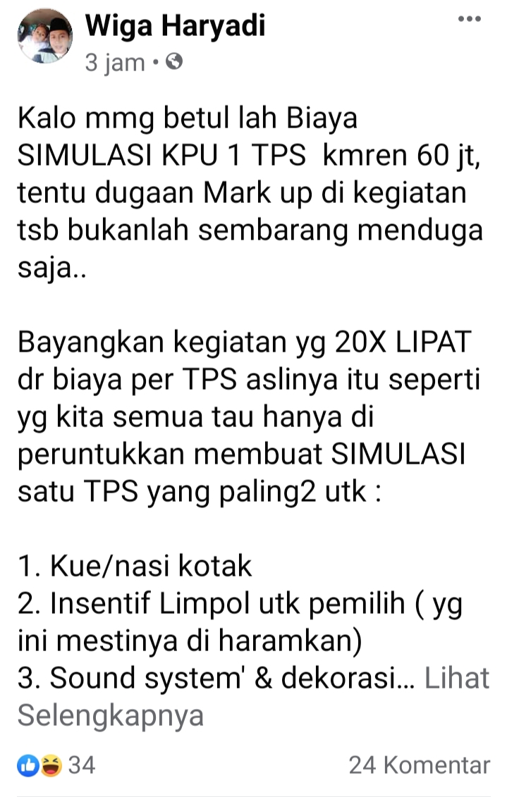 Postingan Wiga Waryadi di Facebook.