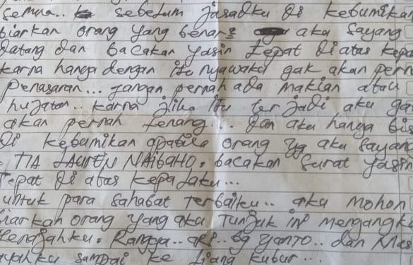 Surat cinta dari korban untuk kekasihnya