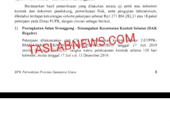 Bukti temuan BPK atas pengerjaan proyek bermasalah di Dinas PUPR Labura