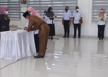Wabup Labuhanbatu Hj Ellya Rosa Siregar saat melantik sejumlah pejabat di Lingkungan Pemkab Labuhanbatu.