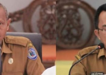 Assisten l Pemerintahan dan Kesra Drs Sarimpunan Ritonga M.Pd (kiri), Kadis PMD Labuhanbatu Abdi Jaya Pohan (kanan). 