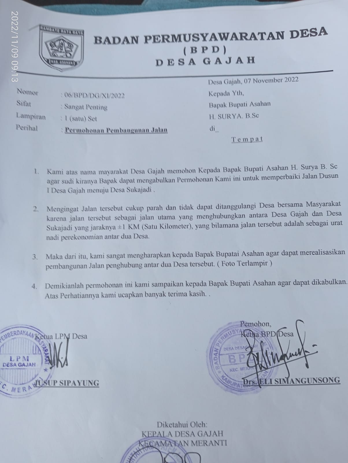 Jalan Tak Kunjung Di Perbaiki, Kades dan Warga Kirim Surat Ke Bupati Asahan