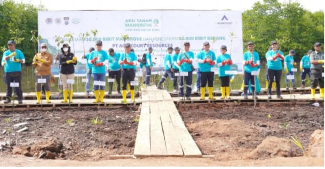 (Taslab News/Dzulfadli Tambunan)  Wakil Presiden Direktur PTAR bersama Direktur PPKPL, serta Pj. Bupati Tapanuli Tengah, saat menanam bibit mangrove di aksi tanam mangrove, Kamis (2/2/2022). 