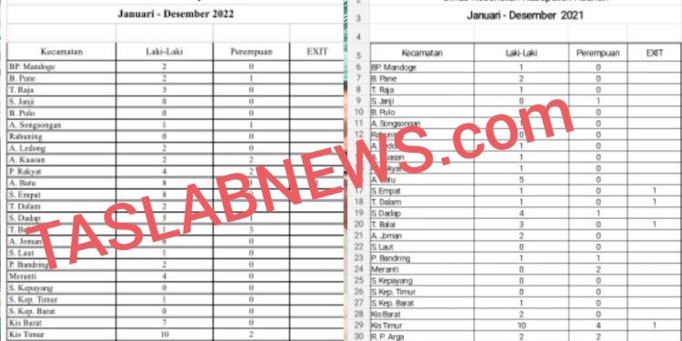 Data pasien HIV/AIDS di Kabupaten Asahan tahun 2021 dan 2022.