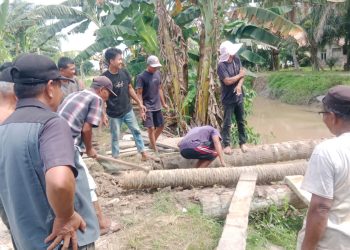 Warga Meranti Asahan Gotong Royong Bangun Jembatan Darurat