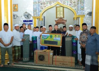 Pemkab Labura menyalurkan bantuan untuk Masjid Baiturrahman, Desa Pulo Jantan, Kecamatan NA IX-X, Senin (3/3/2025).