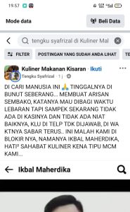 Postingan di akun Facebook yang menuduh Ikbal sebagai penipu.