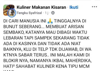 Postingan di akun Facebook yang menuduh Ikbal sebagai penipu.