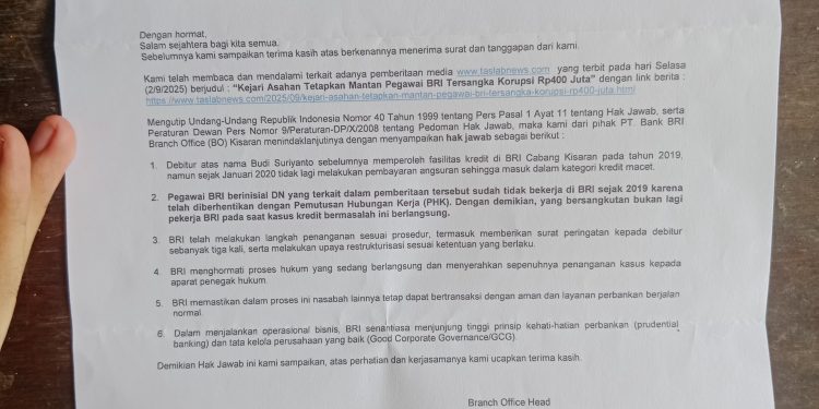 Surat Hak Jawab dari BRI Cabang Kisaran.