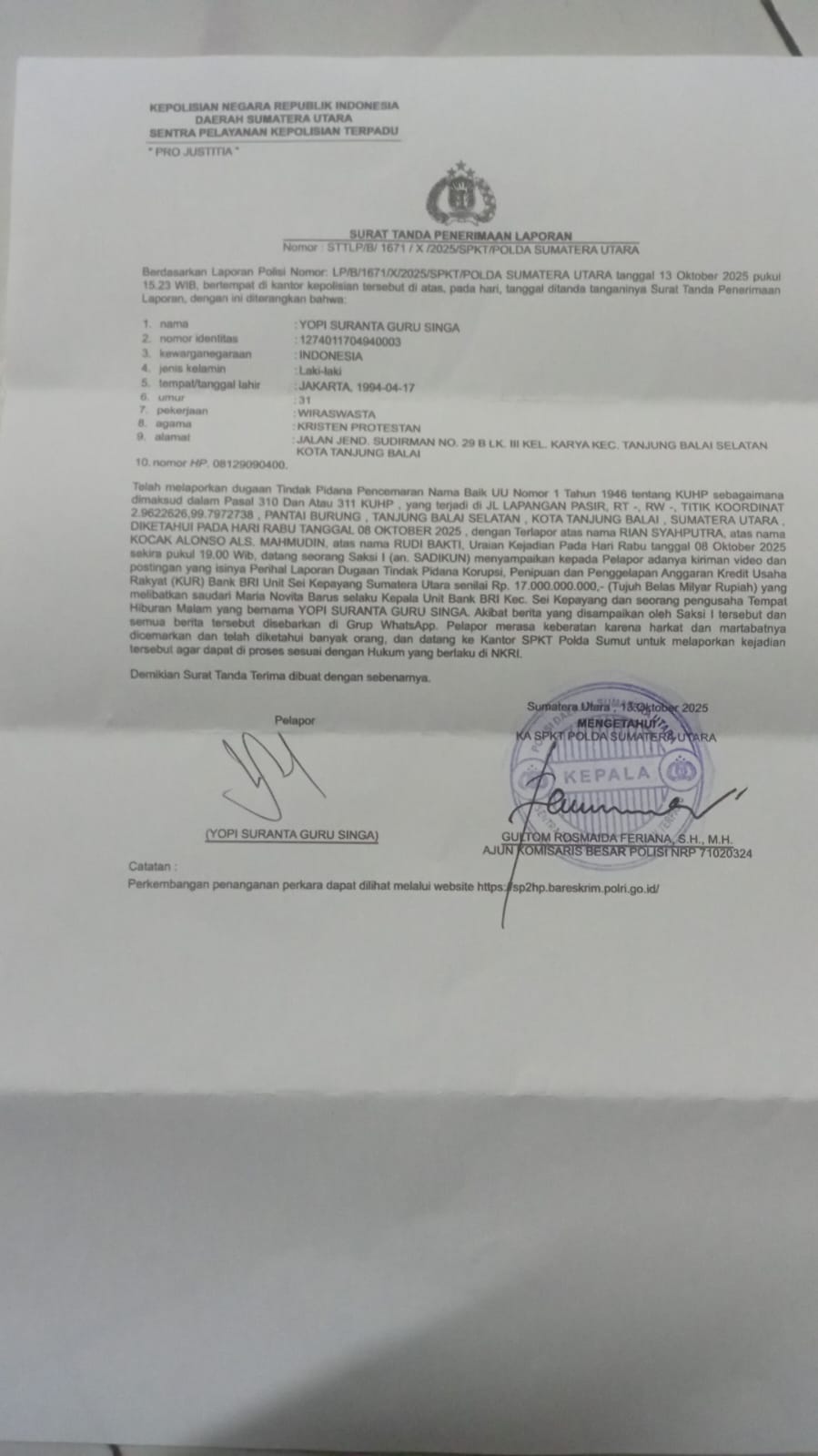 Merasa Difitnah, YP Suranta Polisikan Tiga Warga Tanjungbalai