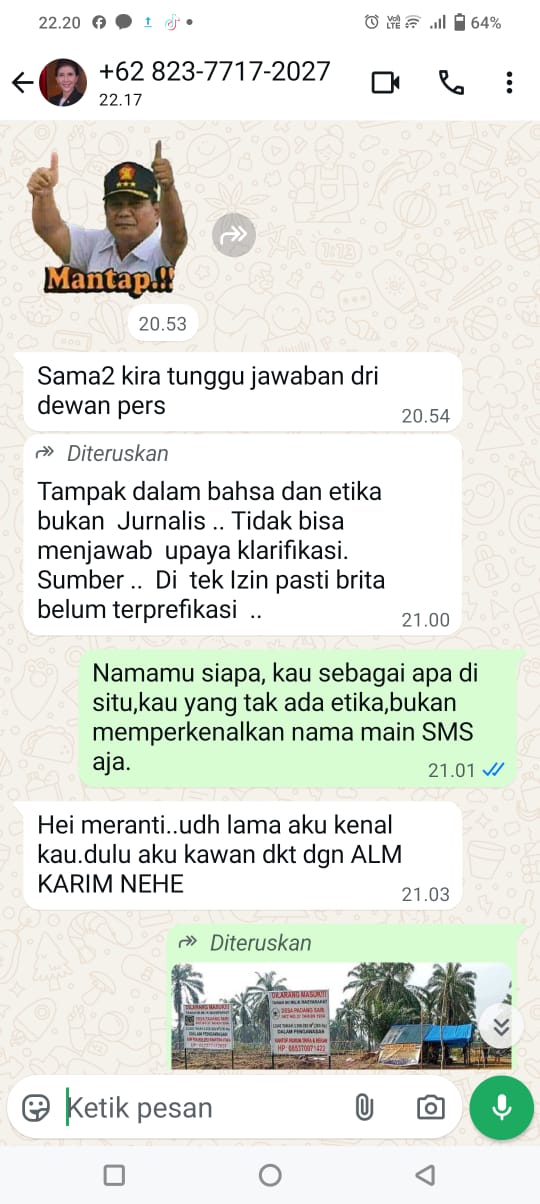 Intimidasi yang dikirim via chat whatsapp ke pada Edi Surya wartawan media online taslabnews.com.