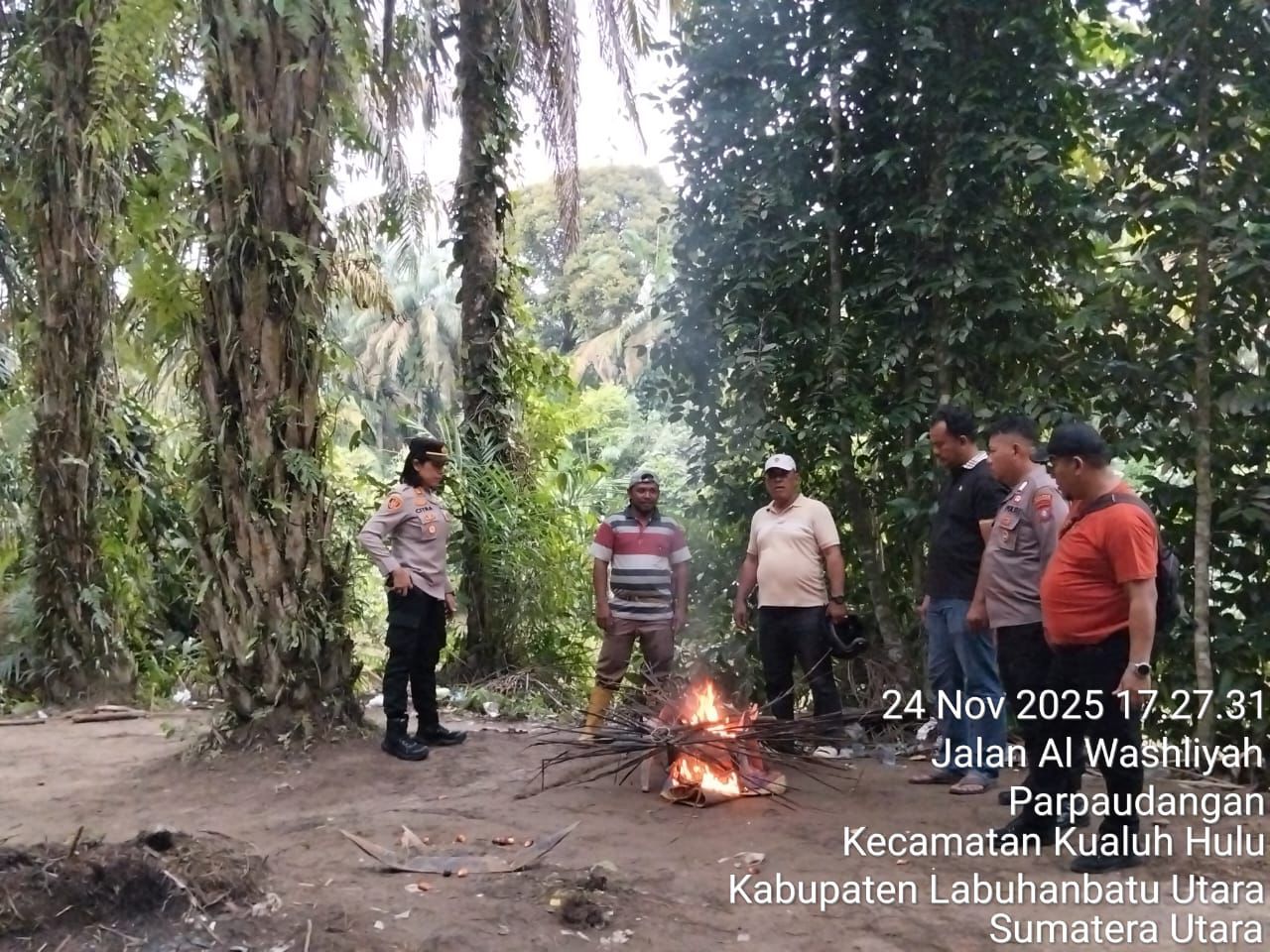 Kapolsek Kualuh Hulu AKP Citra Yani Barus dan Kanit Reskrim Ipda Ramadhan Hilal bersama tim membakar barang bukti. 